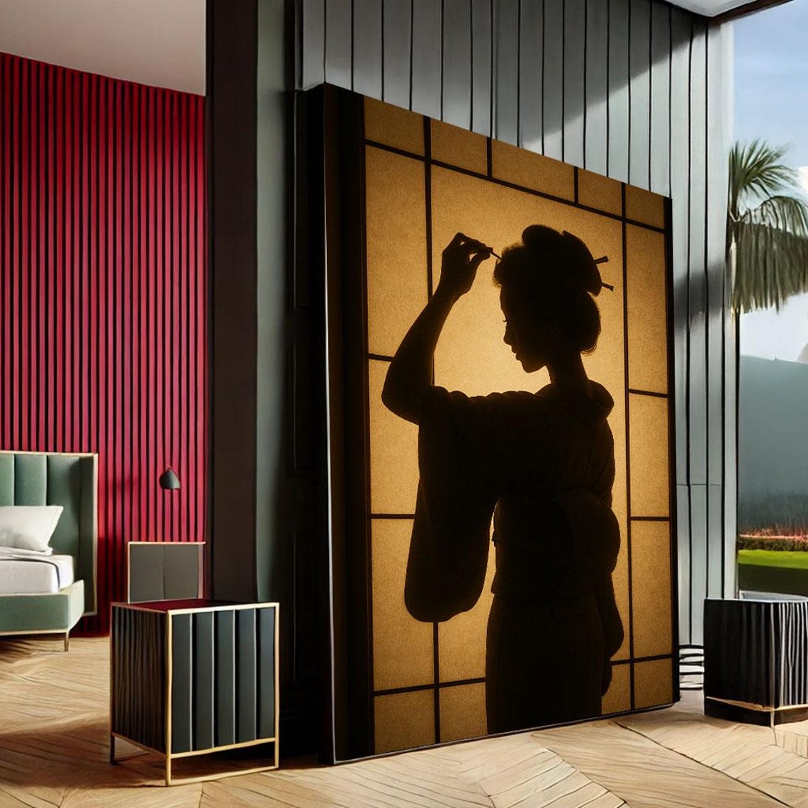 Elegant Japanese Geisha Silhouette Canvas Wall Art Print Minimalist Living Room Decor Statement Piece