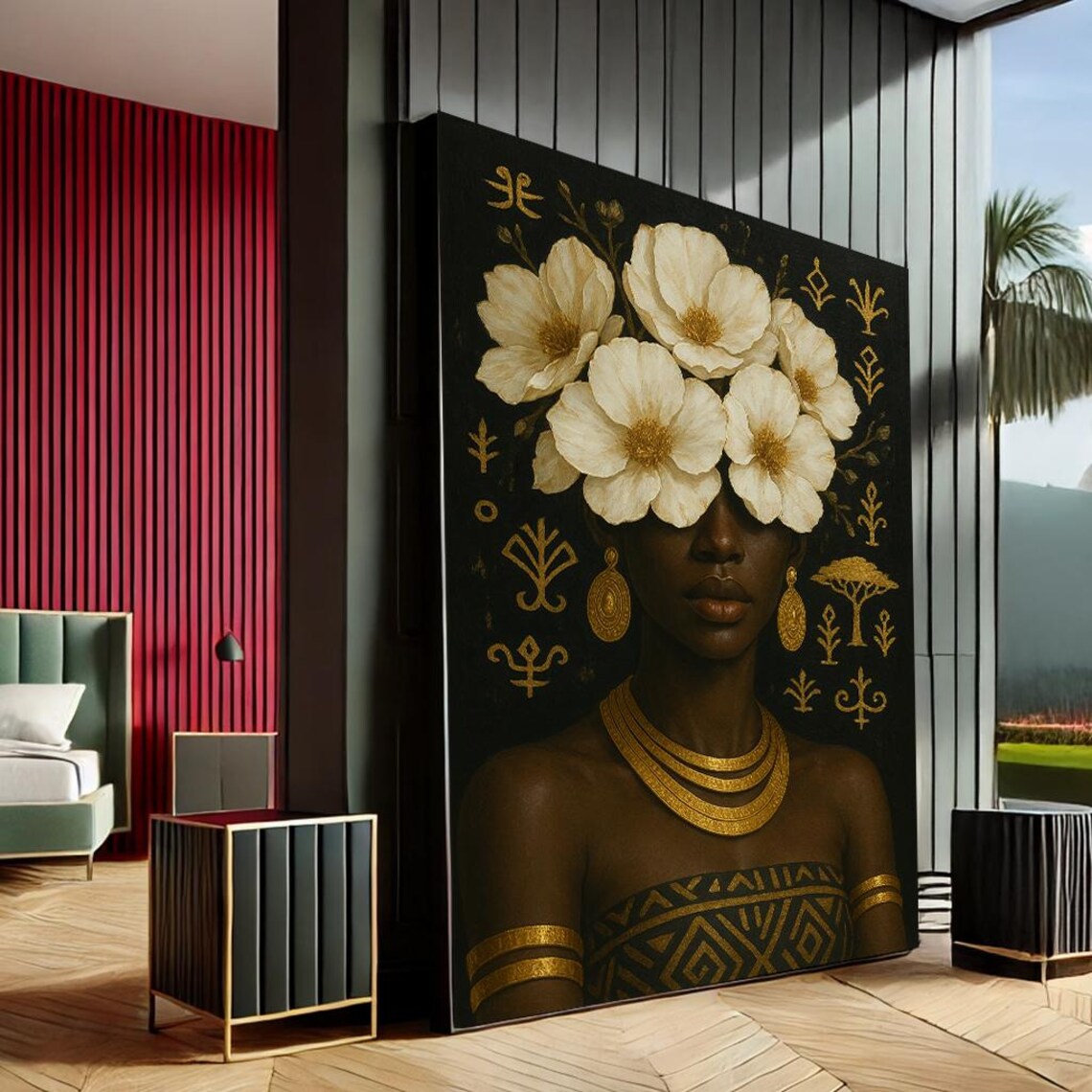 Black Woman with White Flowers Gold Jewelry Afrocentric Art Print