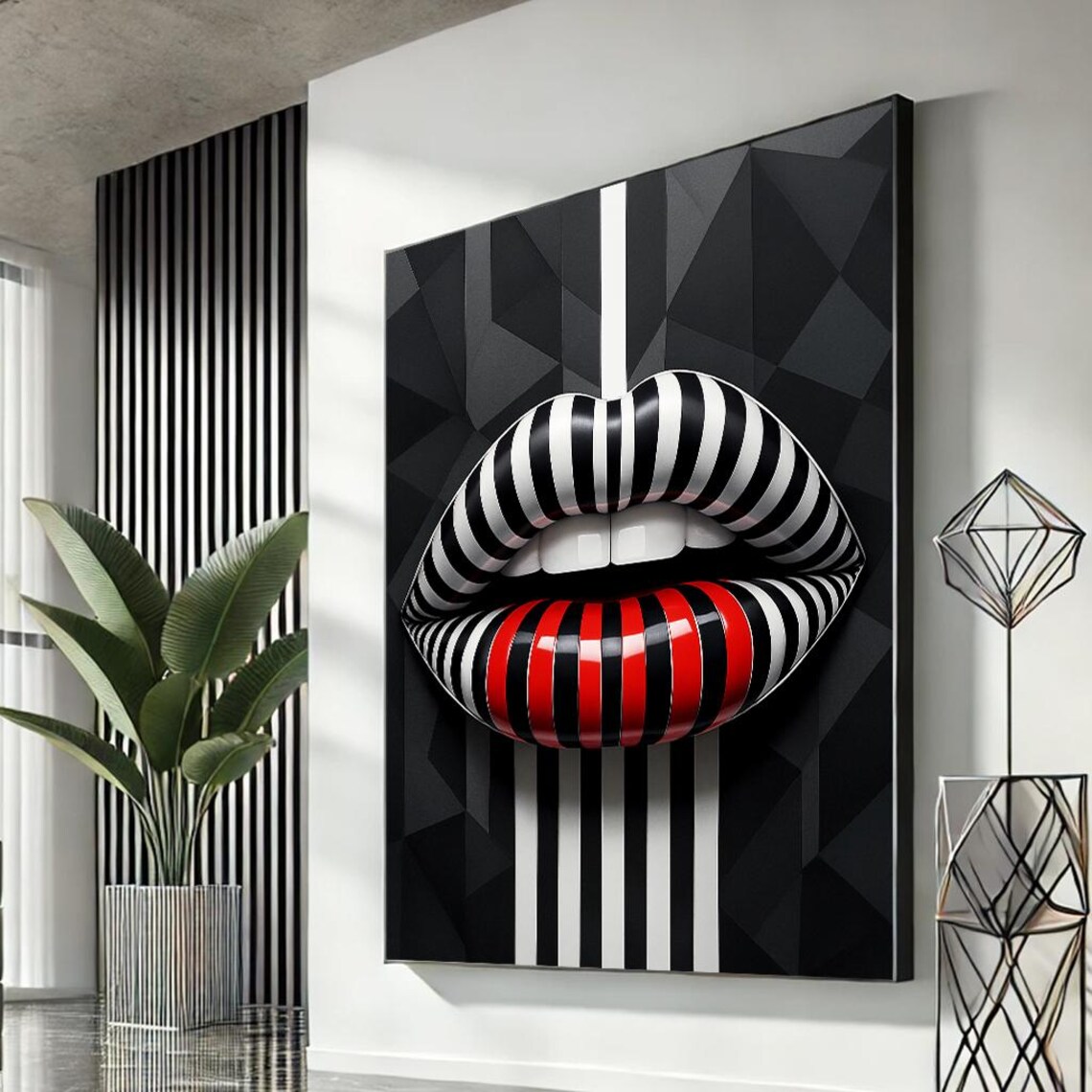 Stunning Pop Art Striped Lips Red Black Bold Fashion Art Poster