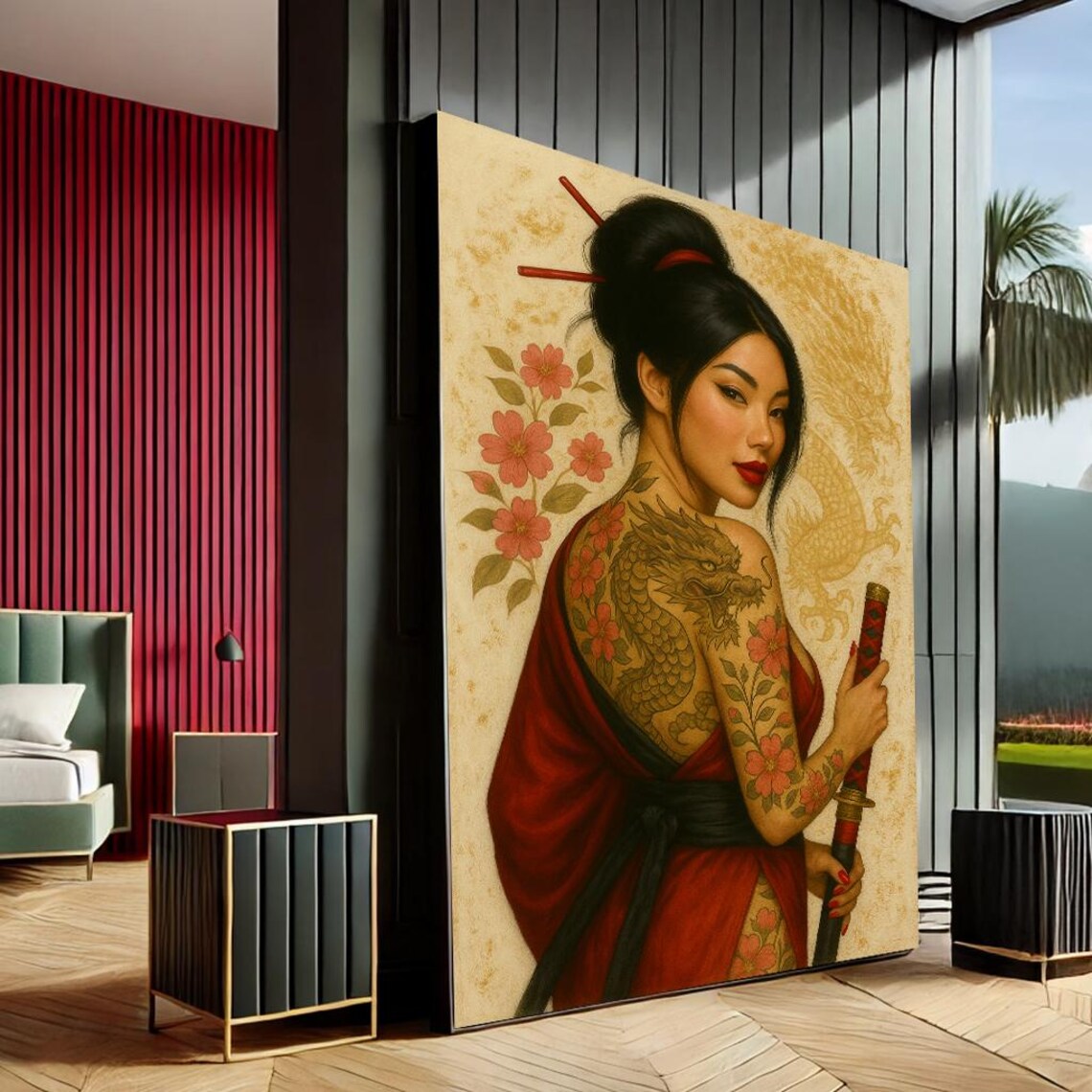 Japanese Geisha Dragon Tattoo Katana Red Gold Cherry Blossom Art Print