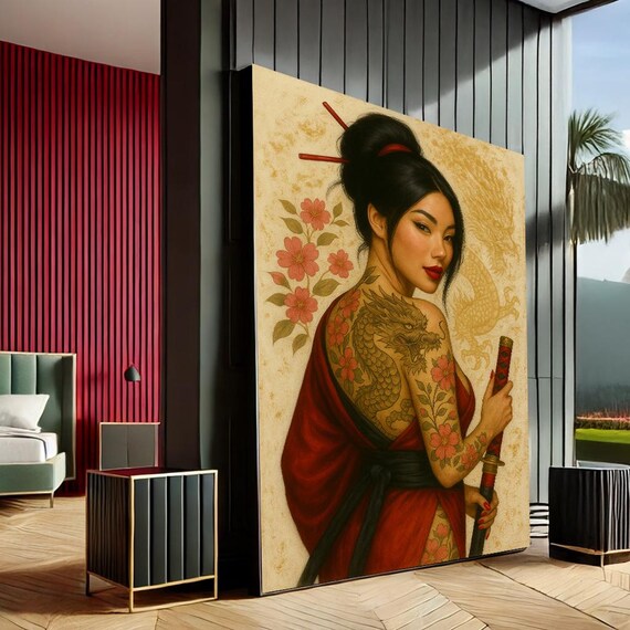 Japanese Geisha Dragon Tattoo Katana Red Gold Cherry Blossom Art Print