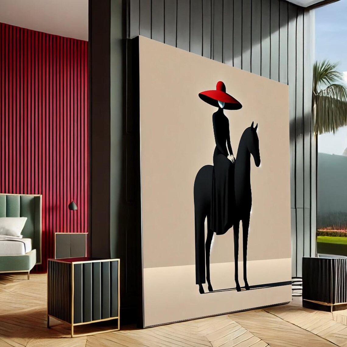 Elegant Woman Red Hat On Standing Horse Minimalist Canvas Art Poster
