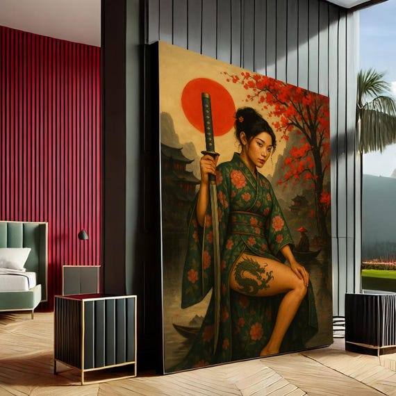 Serene Samurai Woman Oriental Canvas Wall Art Print Red Green Living Room Decor Statement Piece