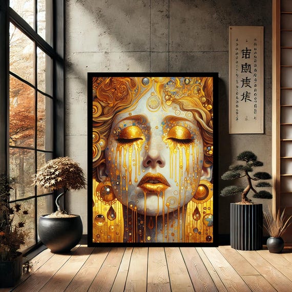 Golden Tears Woman Modern Canvas Wall Art Abstract Home Decor Print
