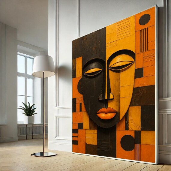 Bold Abstract African Face Orange Black Geometric Art Poster