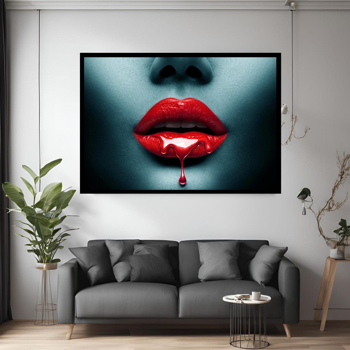 Red Glossy Lips On Teal Blue Background Modern Pop Art Poster