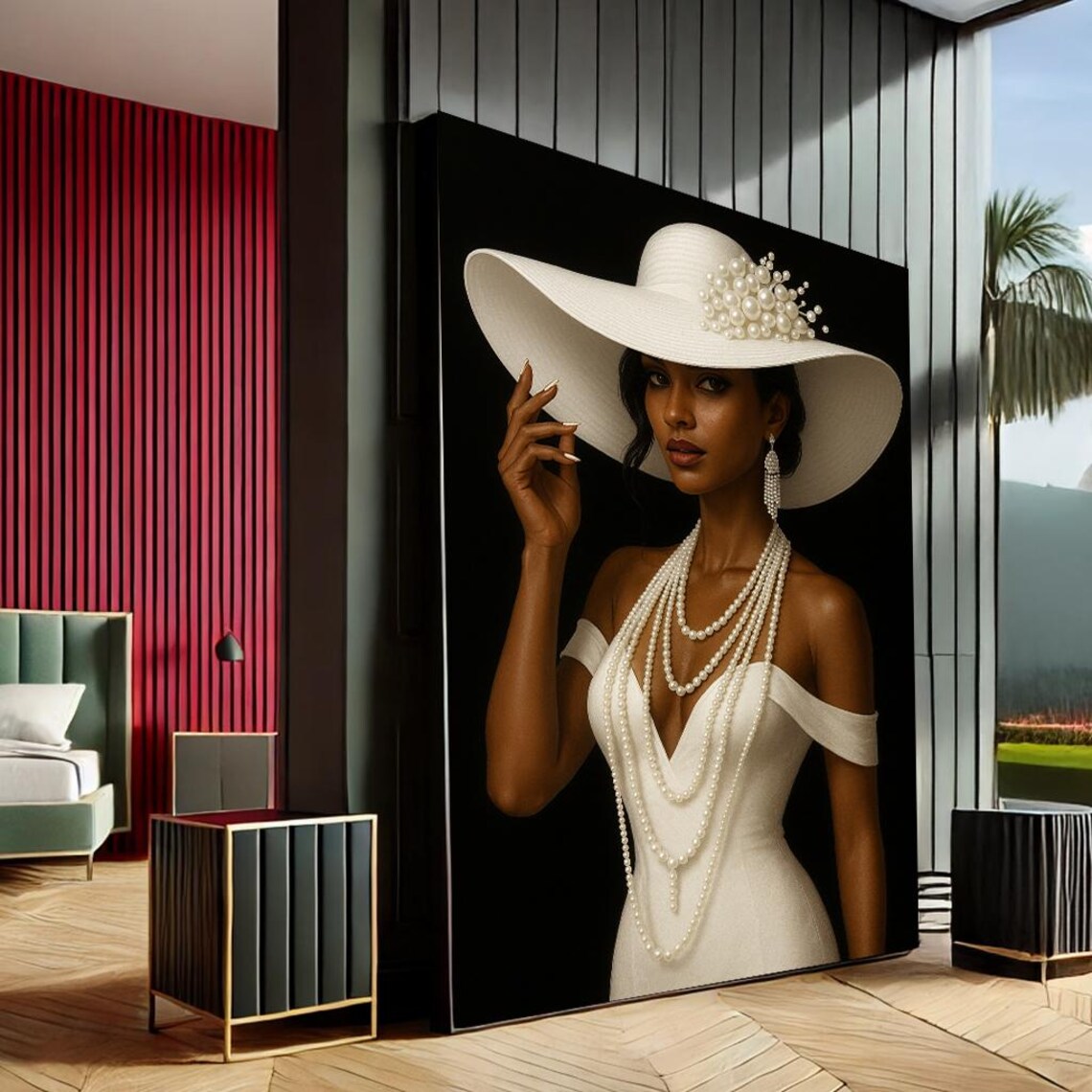 Elegant Woman White Hat Pearls Black Background Portrait Print