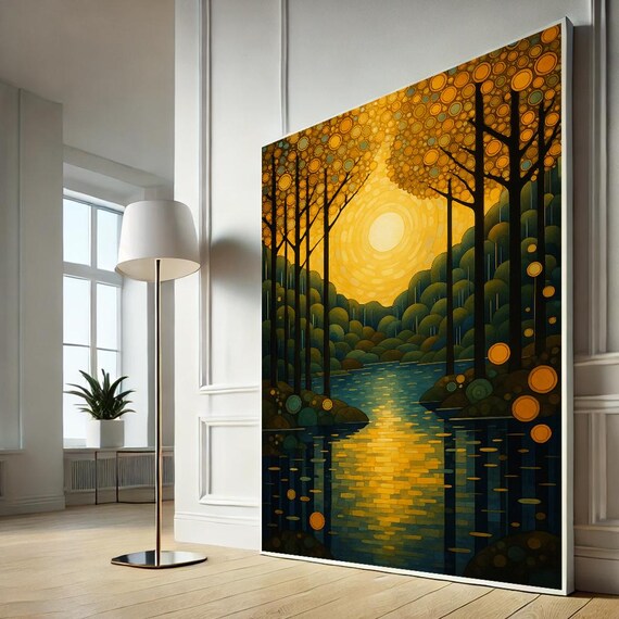 Golden Sunset Forest River Reflection Mosaic Style Art Poster