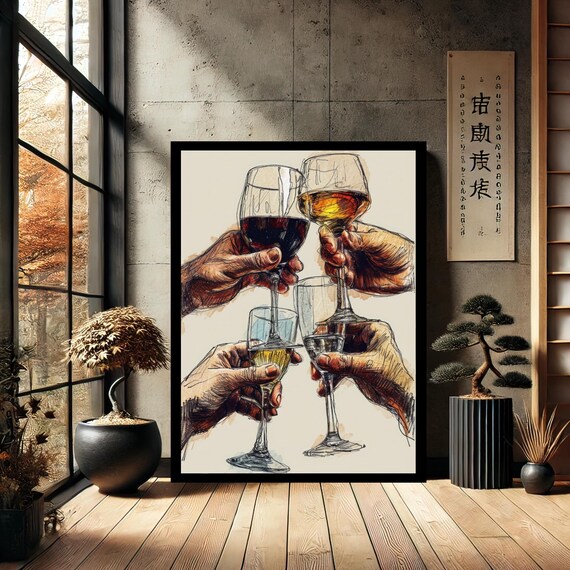 Wine Glasses Toast Hands Raised Cheer Sketch Kitchen Art Poster