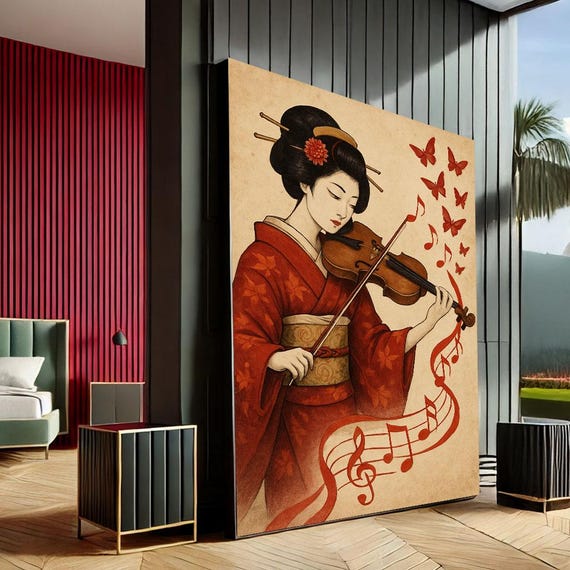 Japanese Geisha Playing Violin Canvas Wall Art Print Elegant Musical Living Room Decor Statement Piece