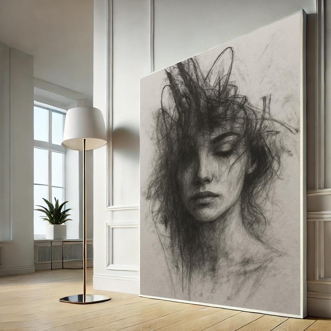 Expressive Charcoal Sketch Woman Portrait Moody Monochrome Art Poster