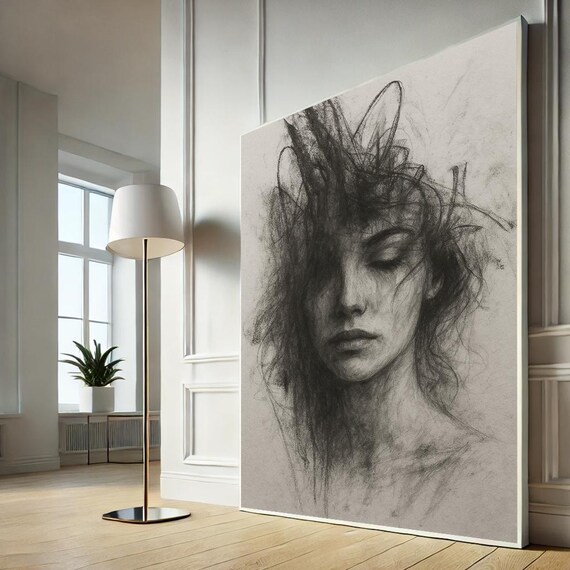 Expressive Charcoal Sketch Woman Portrait Moody Monochrome Art Poster