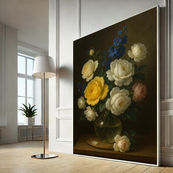 White Roses and Delphiniums Classic Dutch Still Life Floral Print