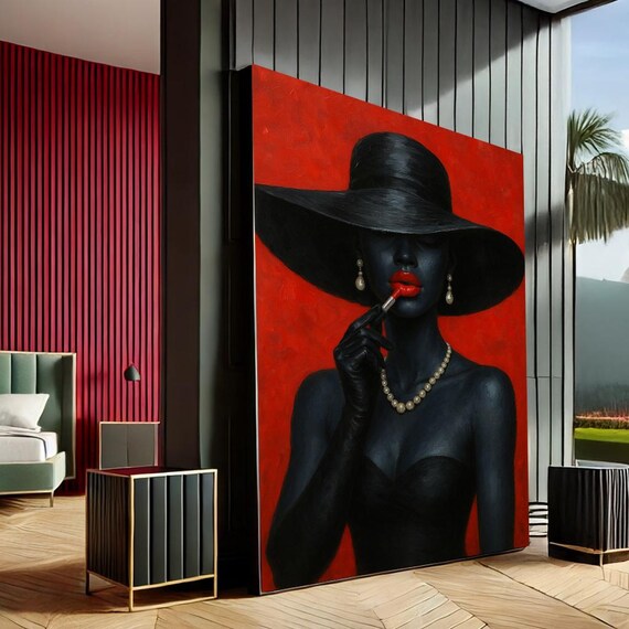 Elegant Woman Black Hat Red Background Lipstick Pearls Fashion Print