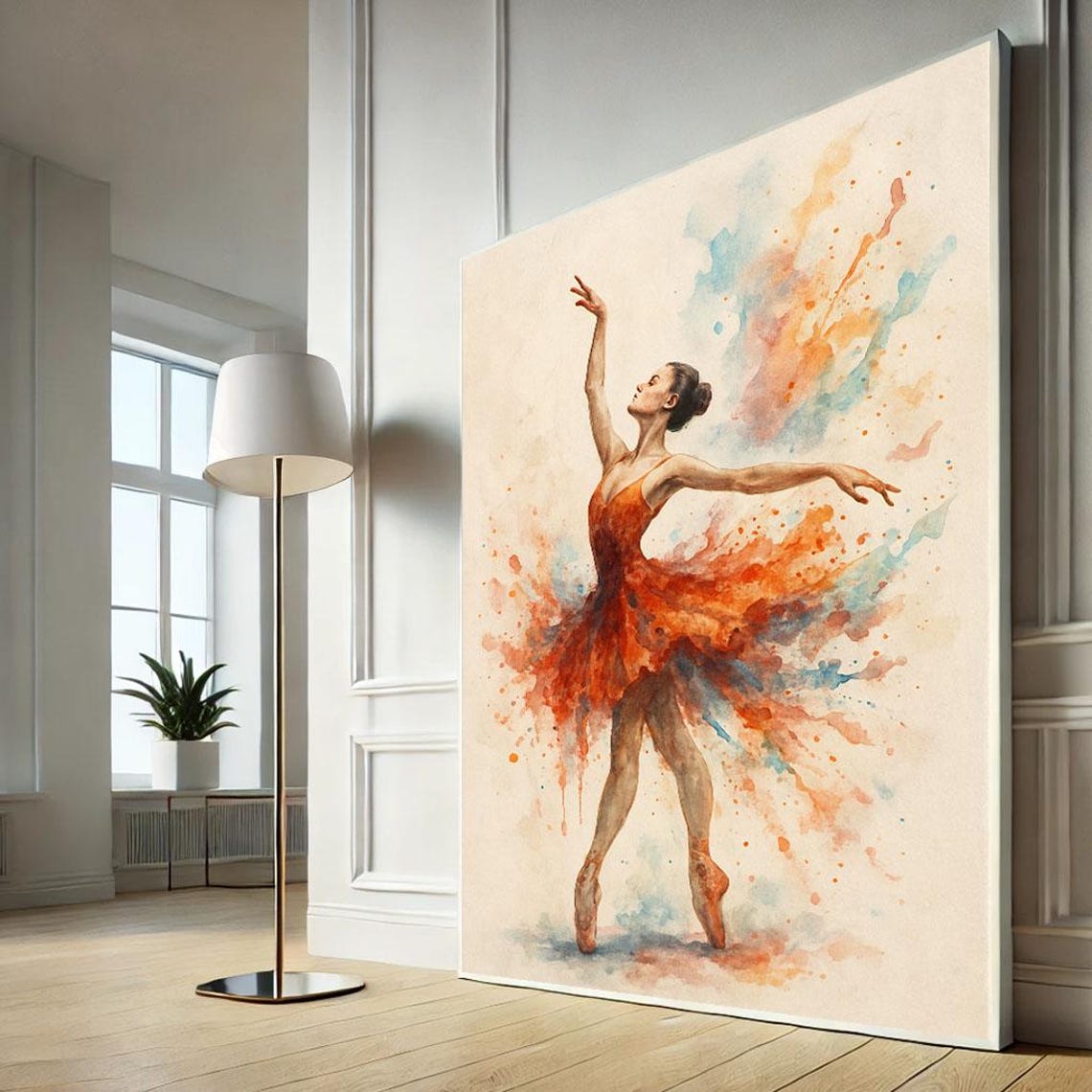 Graceful Ballet Dancer Orange Dress Watercolor Dance Wall Art