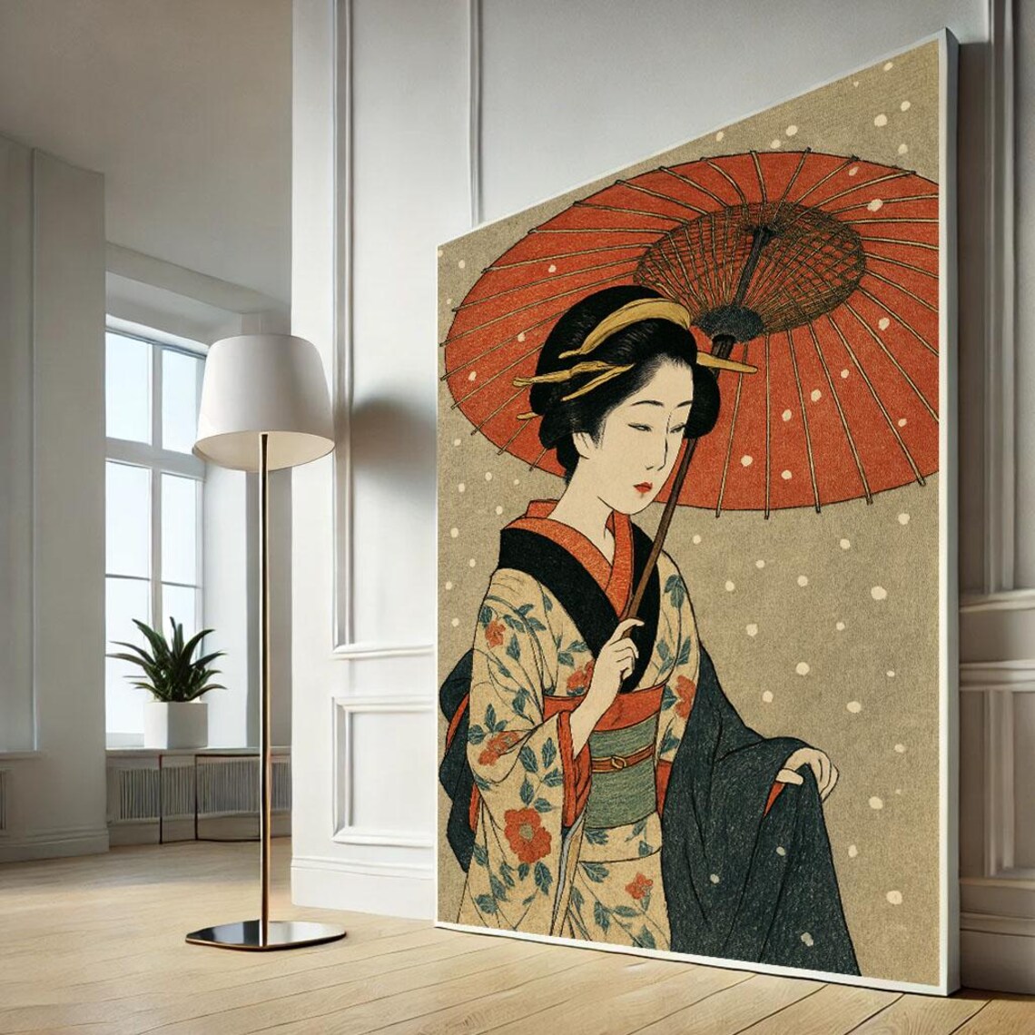 Japanese Woodblock Geisha Red Umbrella Winter Snow Style Wall Art