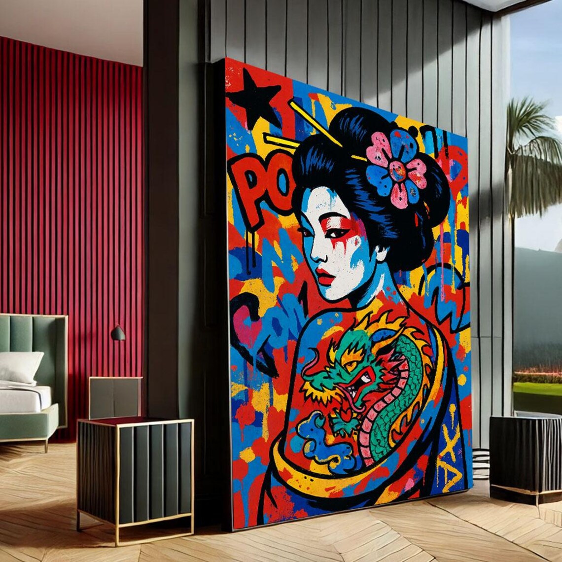 Geisha Pop Art Graffiti Dragon Tattoo Colorful Street Art Poster
