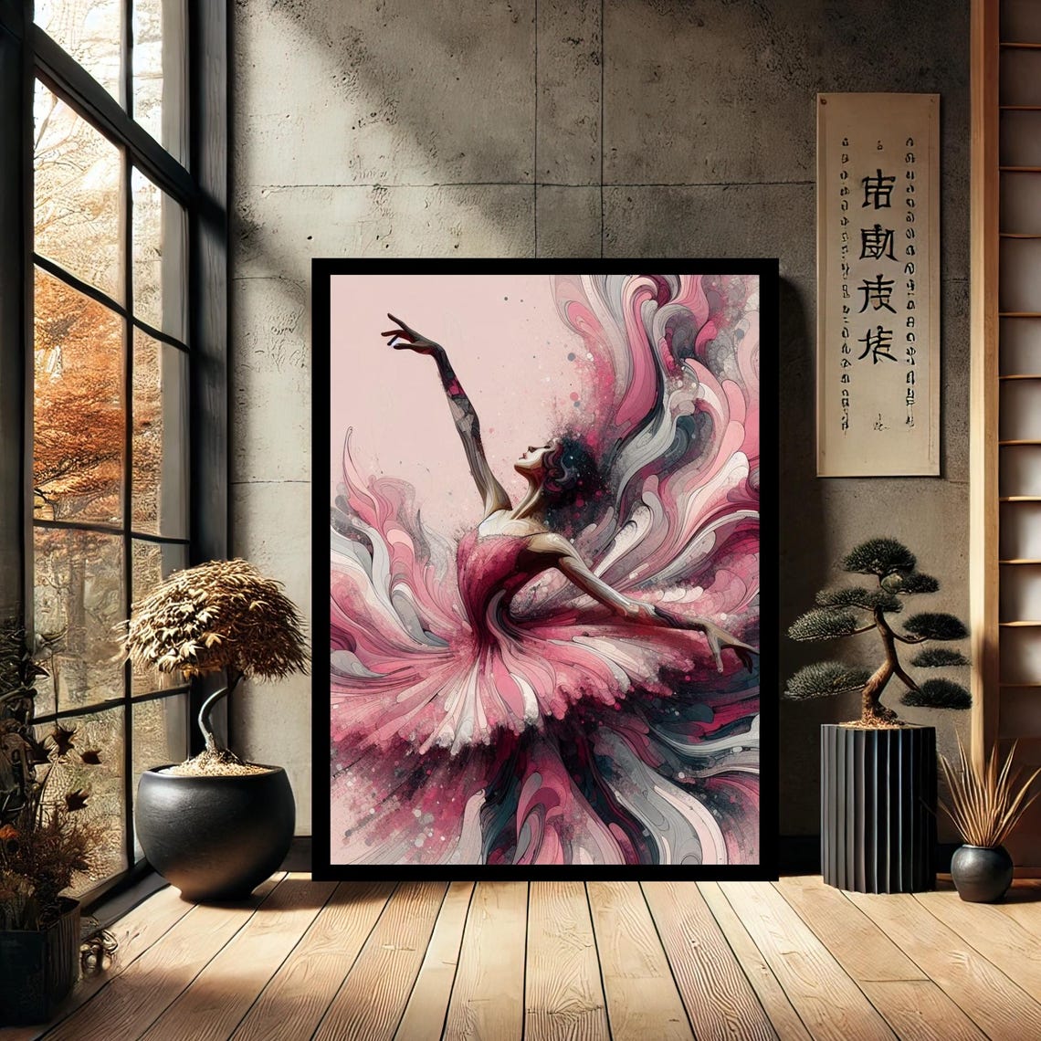 Pink Ballerina Swirling Ribbons Abstract Modern Dance Art Poster