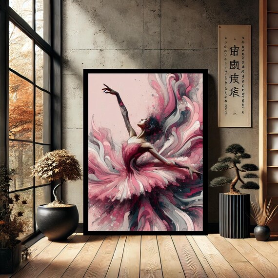 Pink Ballerina Swirling Ribbons Abstract Modern Dance Art Poster