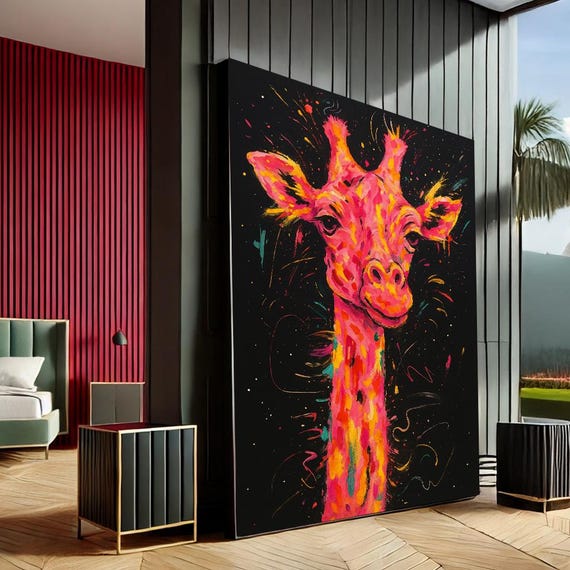 Vibrant Giraffe Pop Art Canvas Wall Print Neon Living Room Decor Statement Piece