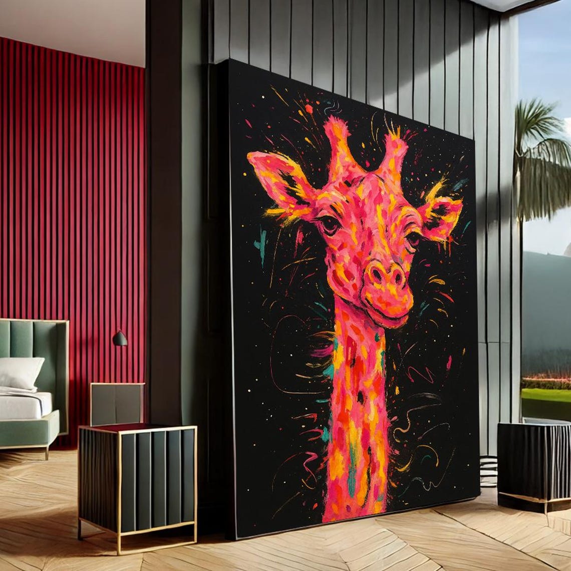 Vibrant Giraffe Pop Art Canvas Wall Print Neon Living Room Decor Statement Piece