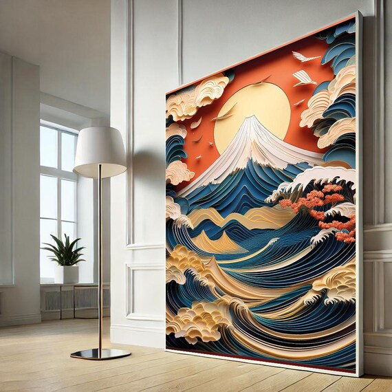 Quilled Great Wave Fuji Radiant Sunrise Concentric Art Poster