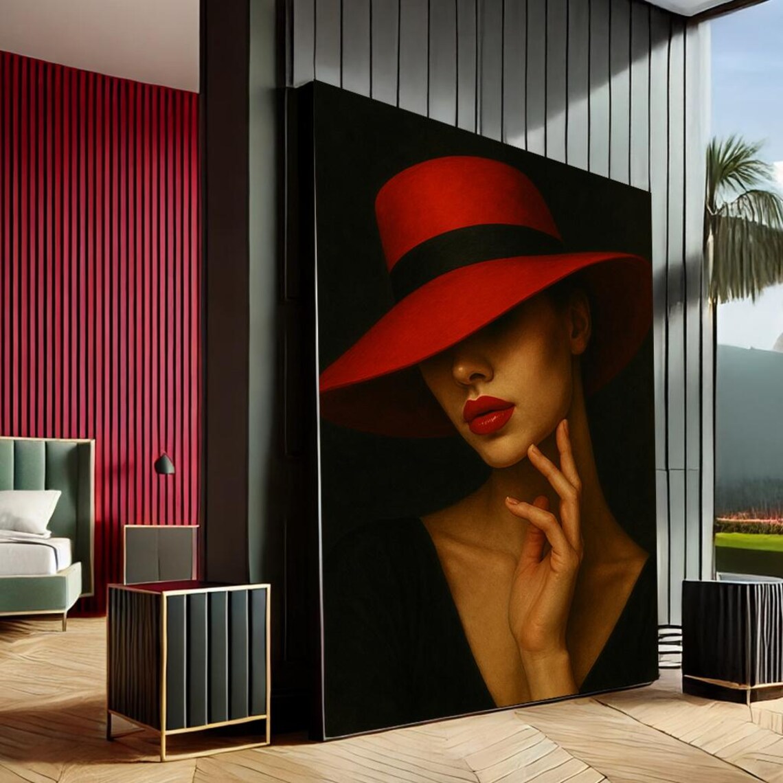 Elegant Woman in Red Hat Modern Canvas Wall Art Portrait Painting