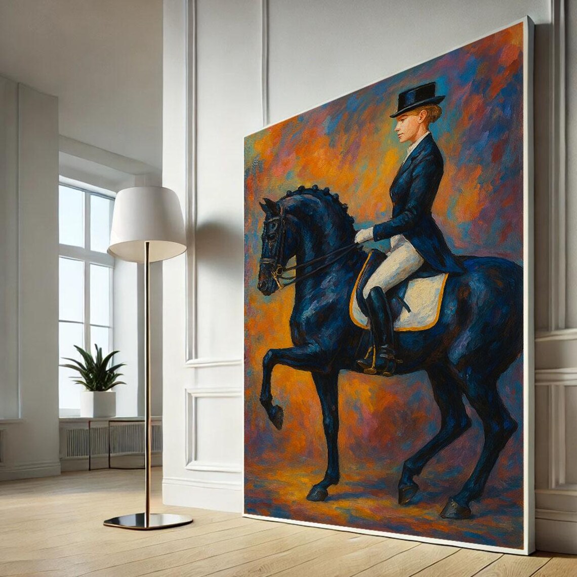 Equestrian Woman on Black Horse Dressage Fiery Portrait Art Poster