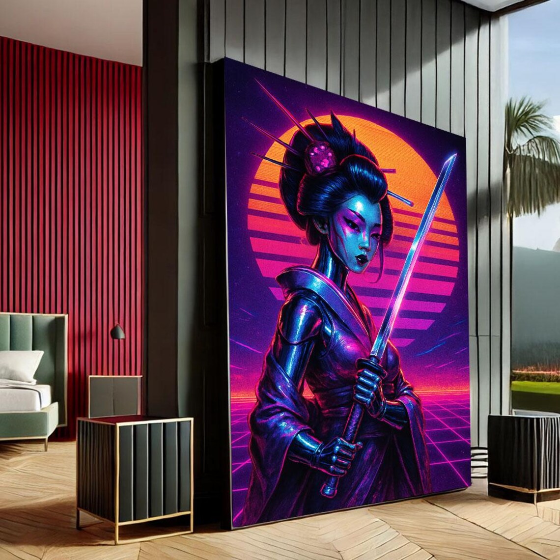 Cyberpunk Geisha Katana Retrowave Sun Neon Warrior Art Print