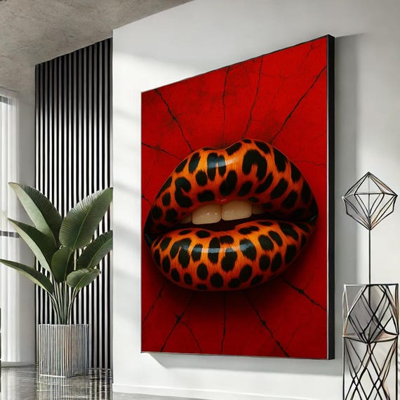Leopard Print Lips Canvas Art Bold Modern Wall Decor For Living Room Vibrant Red And Black Pop Statement Piece