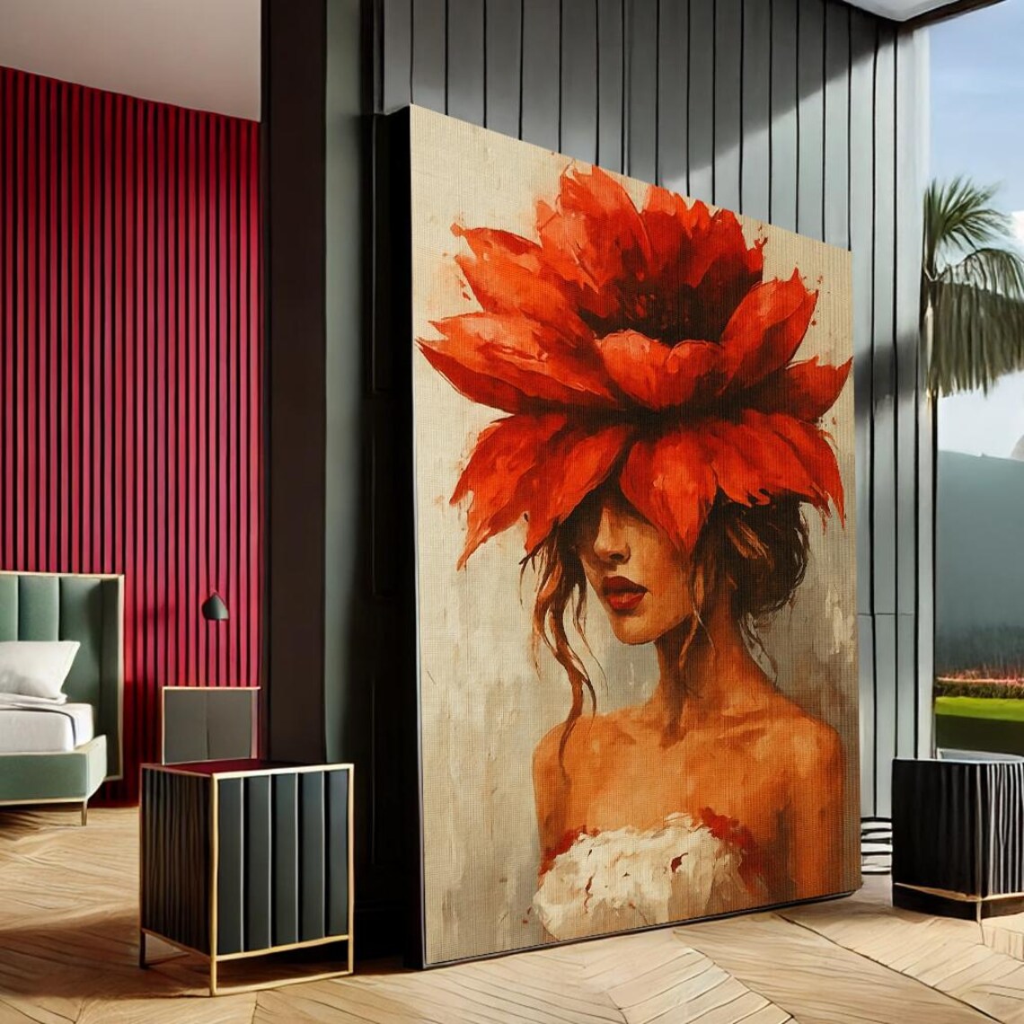 Bold Fiery Red Floral Woman Modern Artistic Portrait Wall Art