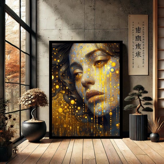 Golden Tears Woman Modern Canvas Wall Art Abstract Home Decor Print