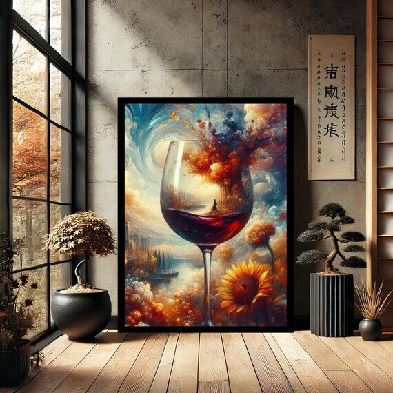 Red Wine Glass Surreal Autumn Flower Swirl Kitchen Art Poster