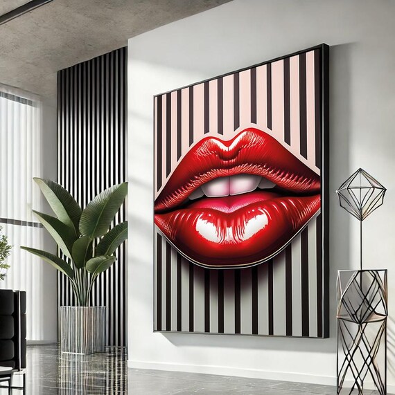 Red Lips Pop Art Pink Black Stripe Bold Glamorous Fashion Statement Wall Art