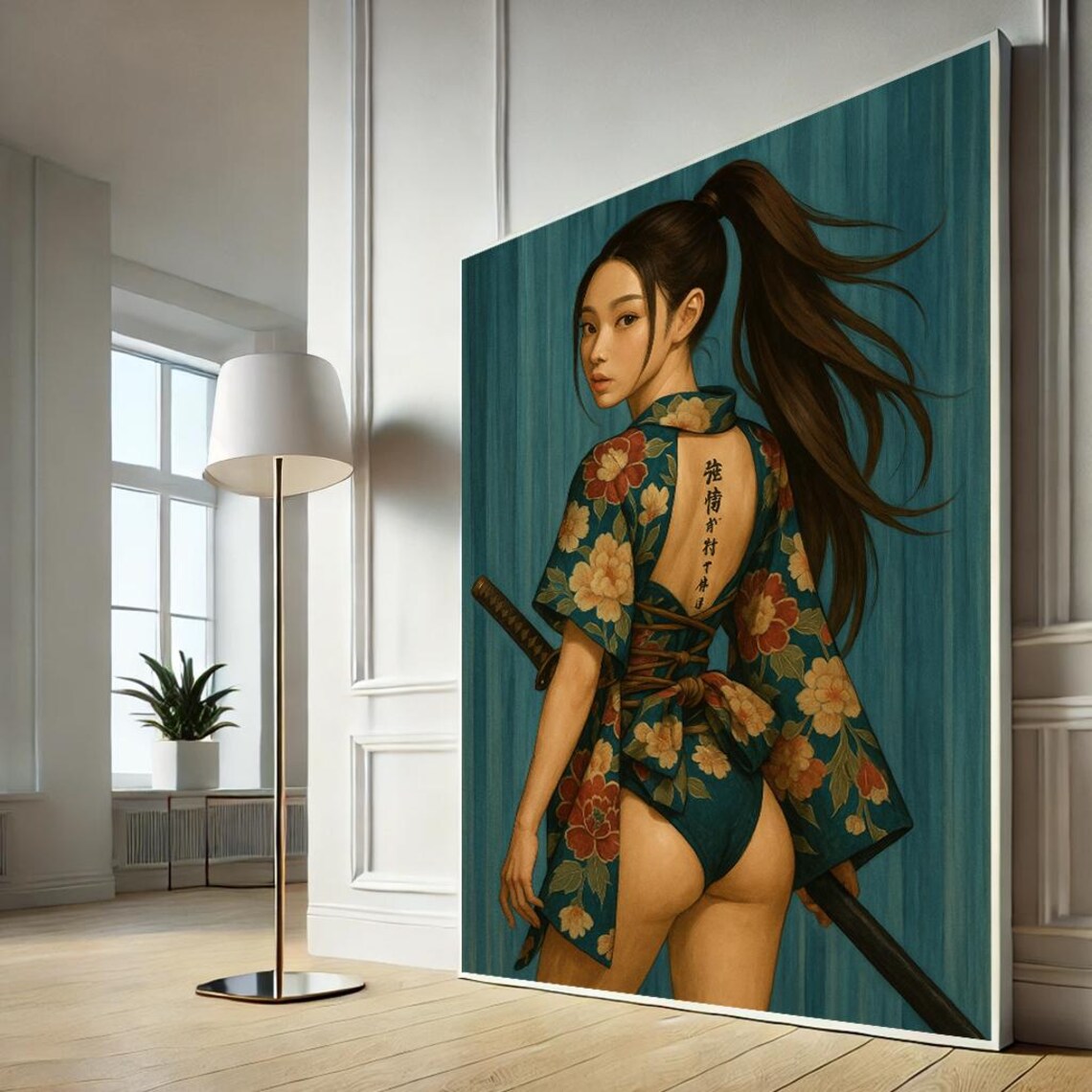 Samurai Woman Floral Kimono Katana Back Tattoo Japanese Warrior Art Print