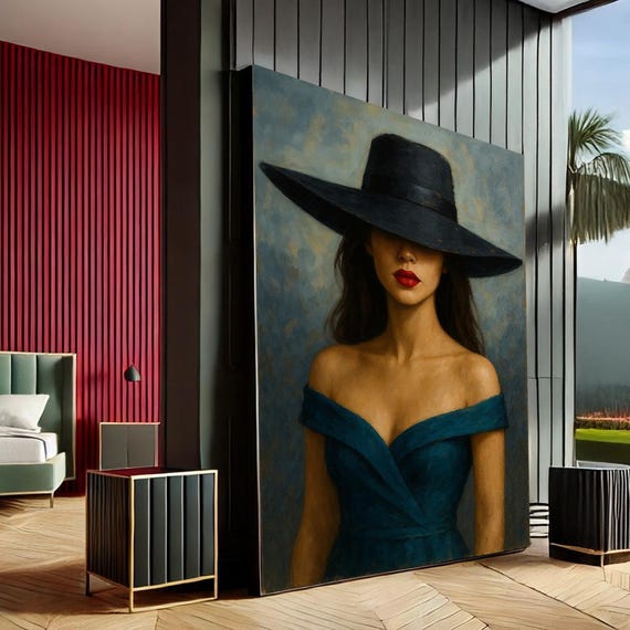 Elegant Woman Modern Portrait Canvas Wall Art Print Navy Blue Black Bedroom Decor Statement Piece