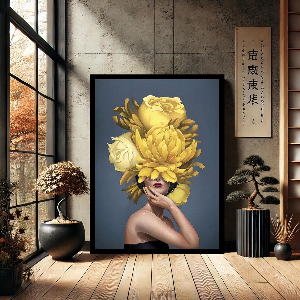 Surreal Yellow Flower Head Woman Portrait Fashion Art Poster Blue Backdrop