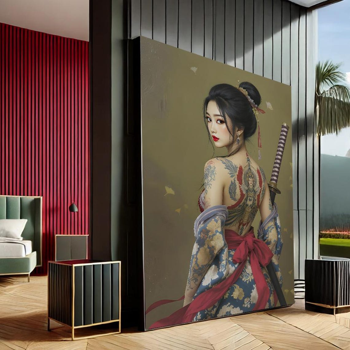 Tattooed Geisha Warrior Woman With Katana In Kimono Japanese Wall Art