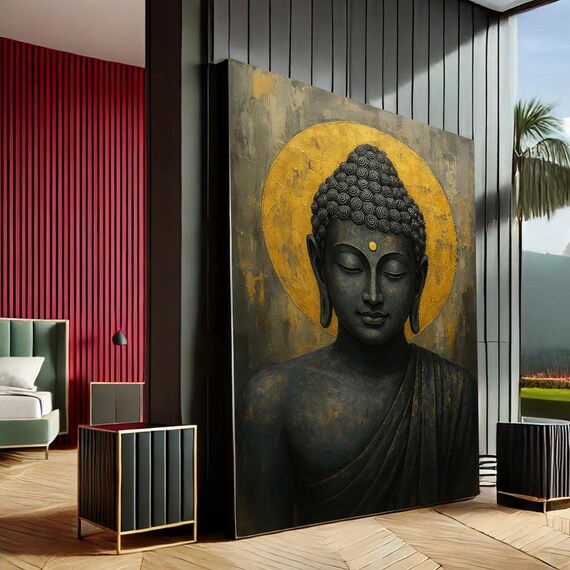 Calming Buddha Modern Canvas Wall Art Print Gold Black Living Room Decor Statement Piece