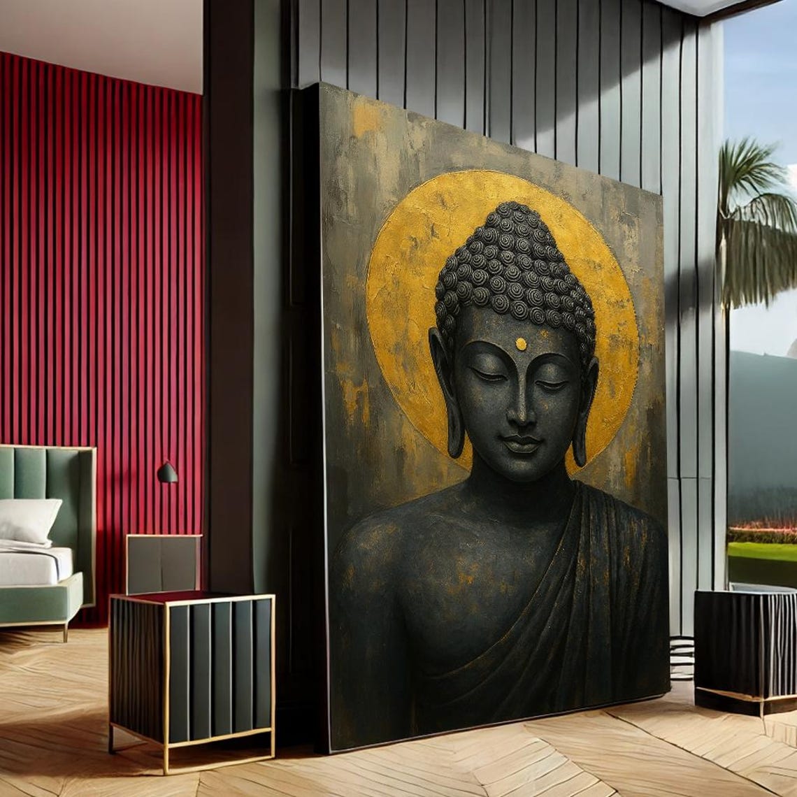Calming Buddha Modern Canvas Wall Art Print Gold Black Living Room Decor Statement Piece