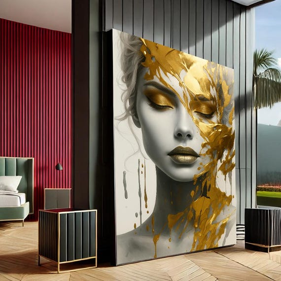 Elegant Woman Modern Abstract Canvas Wall Art Print Gold Gray Living Room Decor Statement Piece