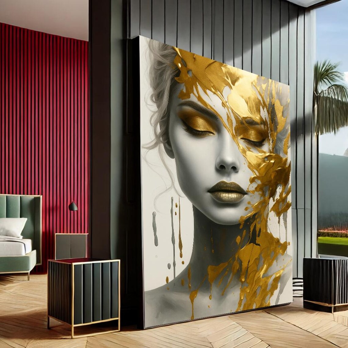 Gold Splash Abstract Woman Portrait Black And Grey Luxury Wall Art