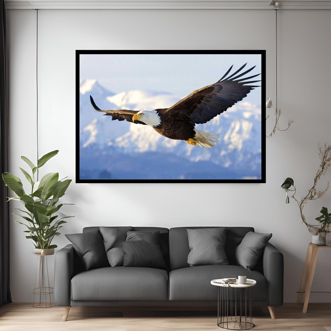 Bald Eagle Soaring Over Snowy Mountain Peaks Wildlife Photography Poster
