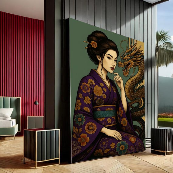 Elegant Geisha With Dragon Traditional Canvas Wall Art Print Purple Gold Living Room Decor Statement Piece