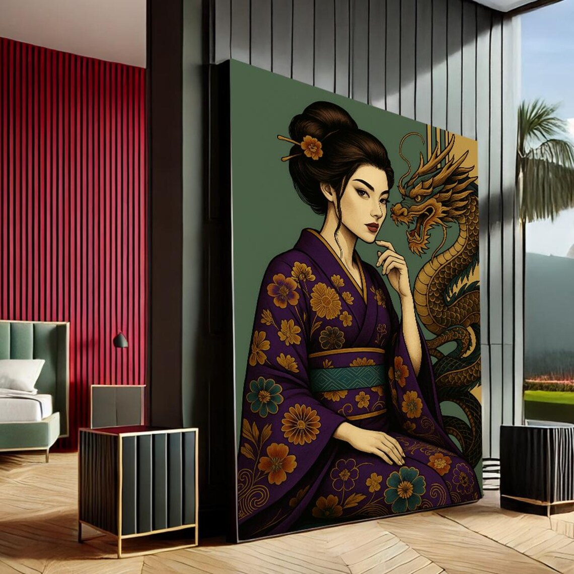 Geisha With Dragon Purple Kimono Traditional Japanese Art Poster