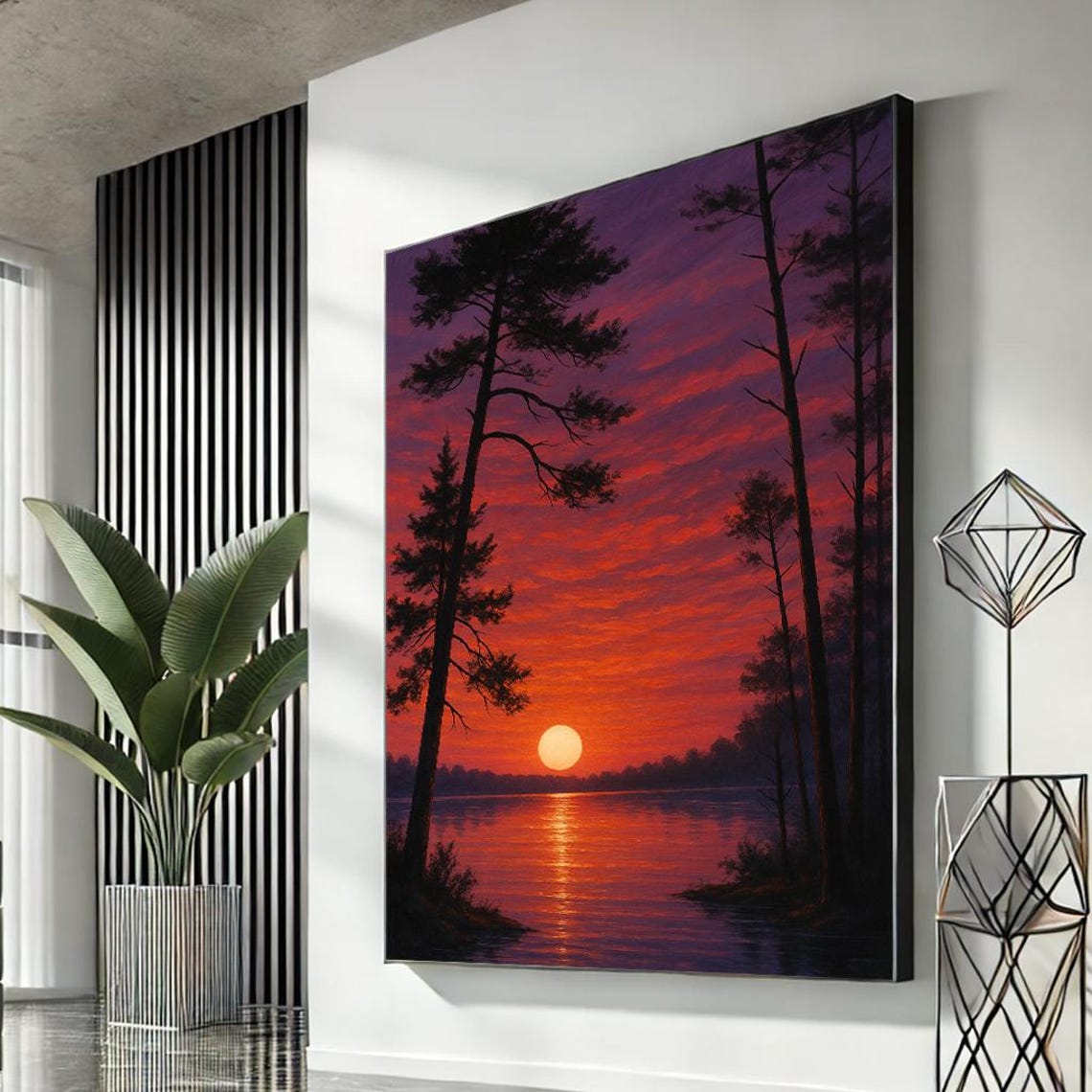 Crimson Sunset Lake Pine Silhouette Dramatic Landscape Poster