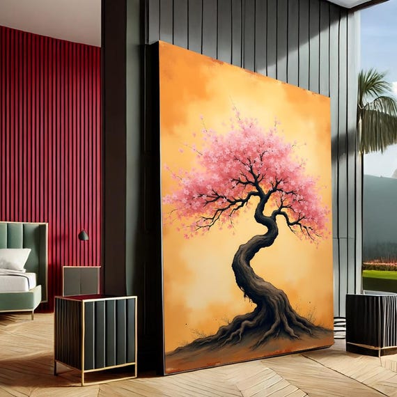 Mystical Cherry Blossom Tree Modern Canvas Wall Art Print Pink Orange Living Room Decor Ready To Hang