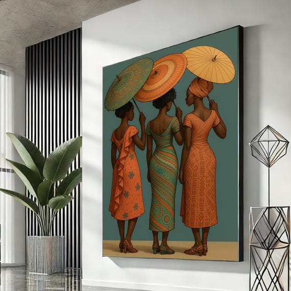 Elegant African Women With Umbrellas Canvas Wall Art Vibrant Living Room Decor Ready To Hang Cultural Gift