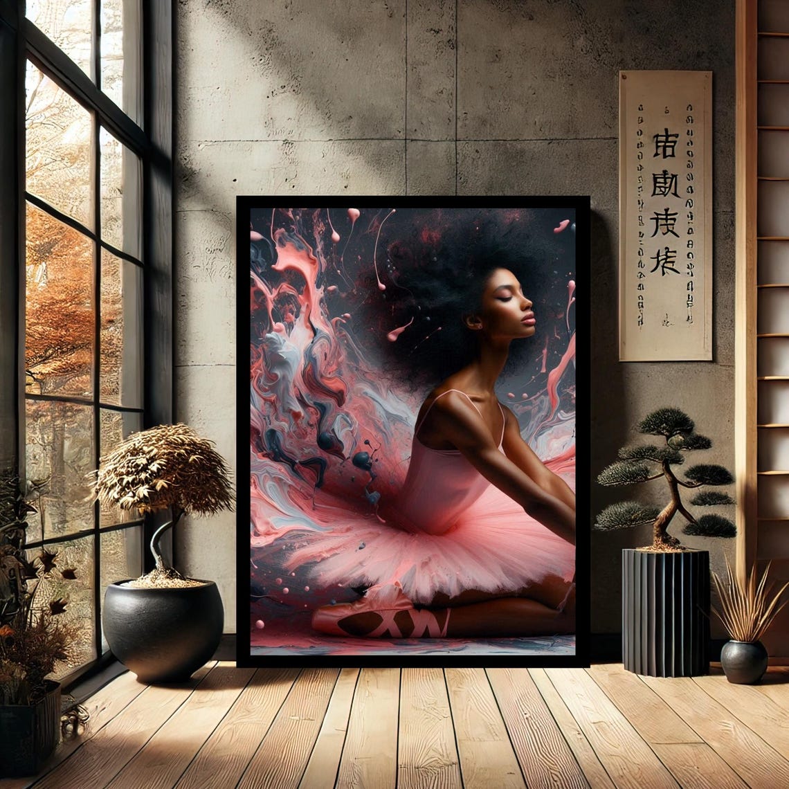 Black Ballerina Pink Tutu Abstract Swirl Modern Dance Art Poster