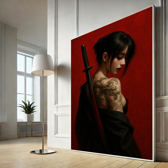 Elegant Asian Woman With Sword Canvas Wall Art Striking Red Background Living Room Decor Ready To Hang Cultural Gift